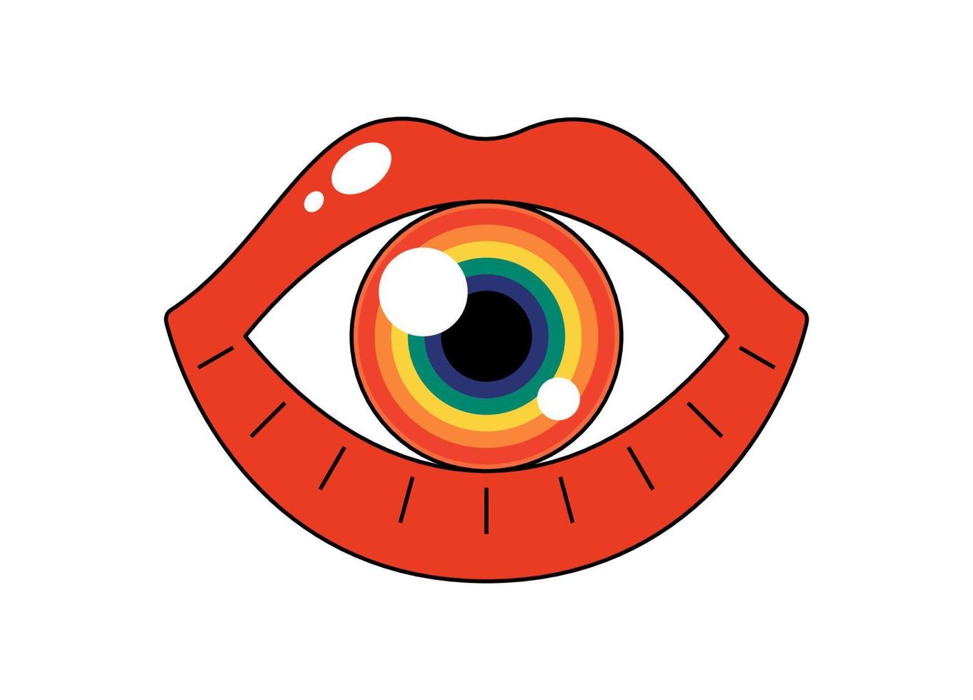 Retro groovy opened mouth with rainbow color eye. Hippy glossy red open lips and iridescent pupil. Funky female lip with lipstick and floret. Crazy vintage hippie sticker. Trendy y2k pop art eps patch vector