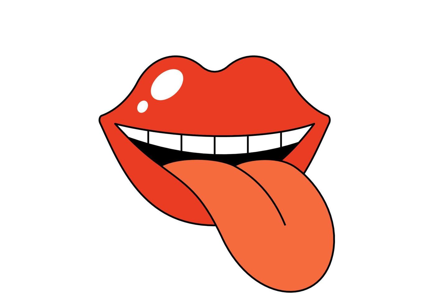 Retro groovy opened mouth with tongue sticking out and licking. Hippy glossy red open lips. Funky psychedelic female lip. Vintage hippie sticker. Trendy hipster y2k pop art patch. Vector isolated eps