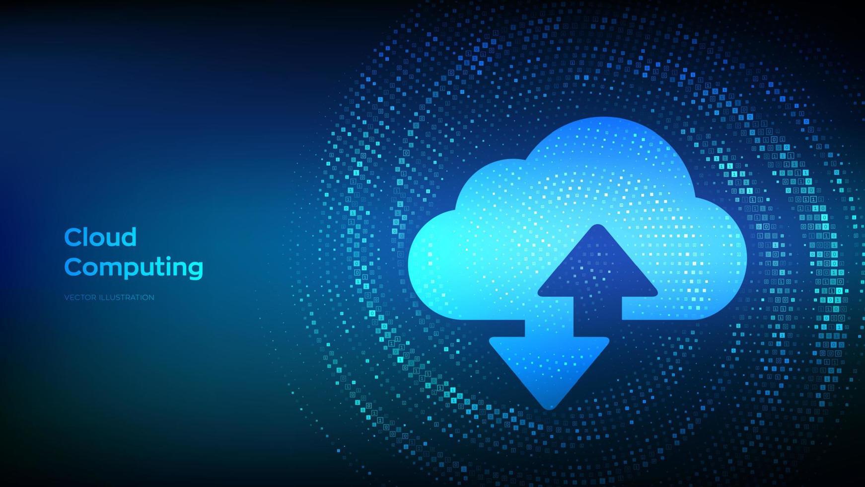 nube tecnología antecedentes. nube informática. nube almacenamiento firmar con dos flechas arriba y abajo icono. binario código datos fluir. virtual túnel deformación hecho con digital código. vector ilustración.