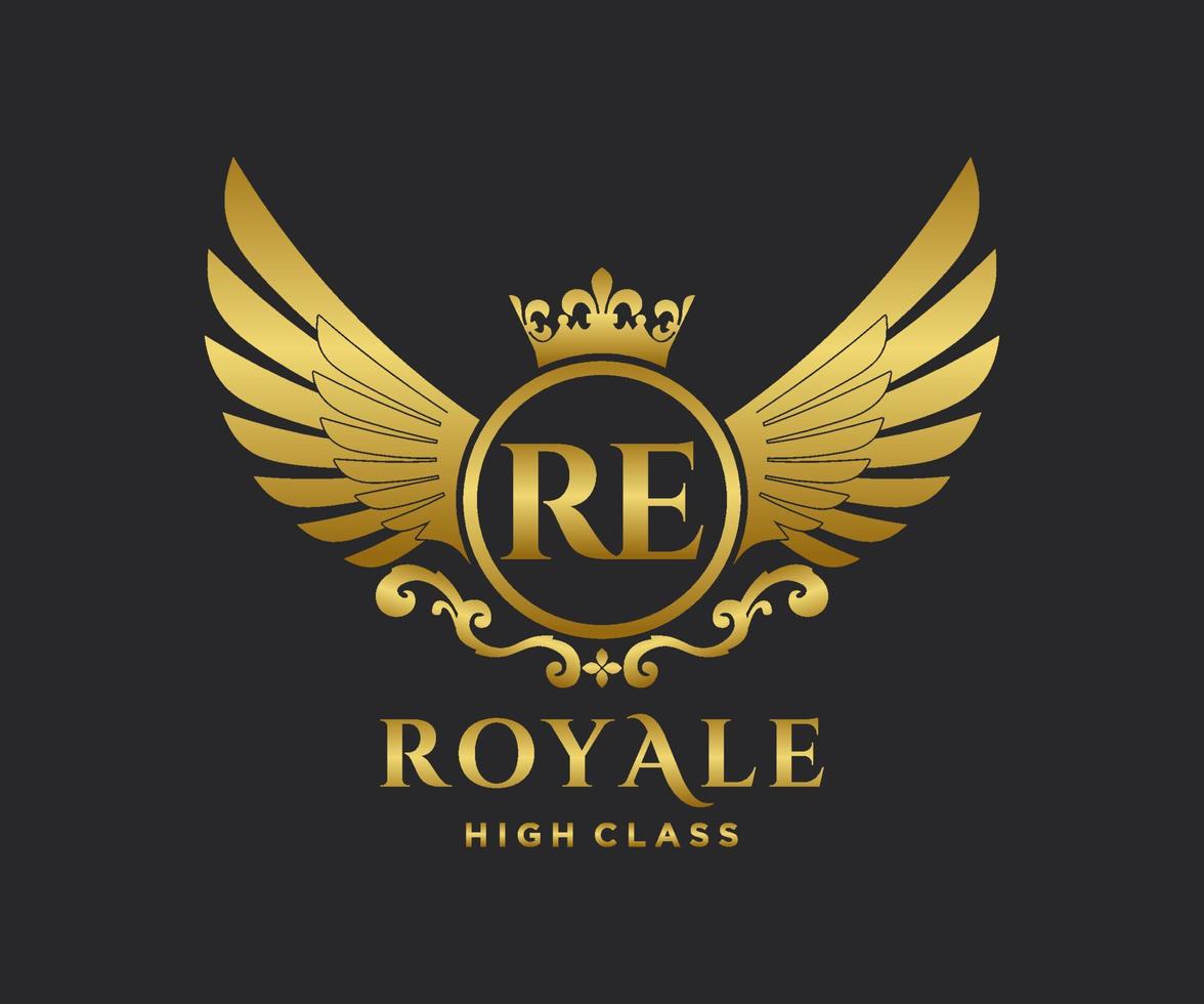 Golden Letter RE template logo Luxury gold letter with crown. Monogram alphabet . Beautiful royal initials letter. vector
