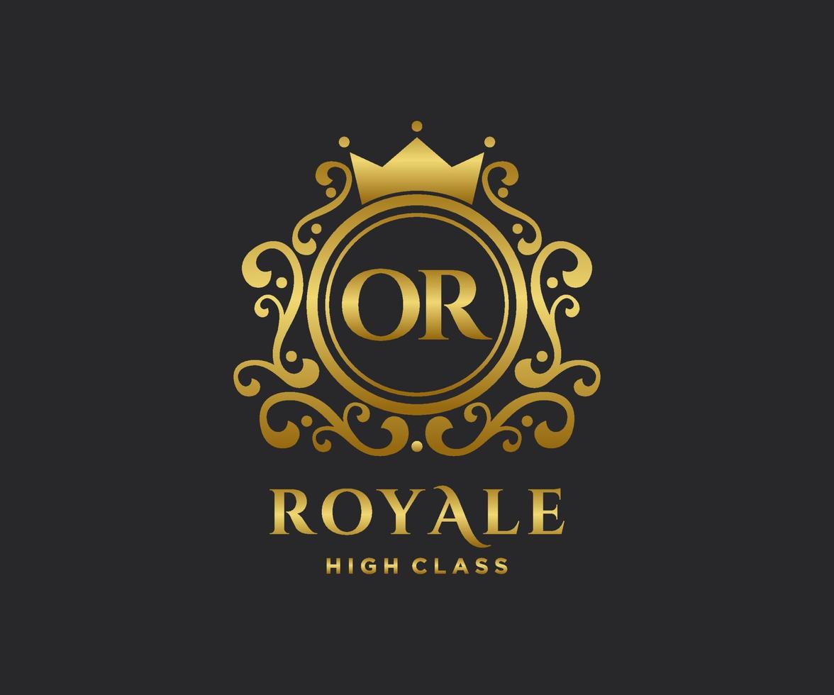Golden Letter OR template logo Luxury gold letter with crown. Monogram alphabet . Beautiful royal initials letter. vector