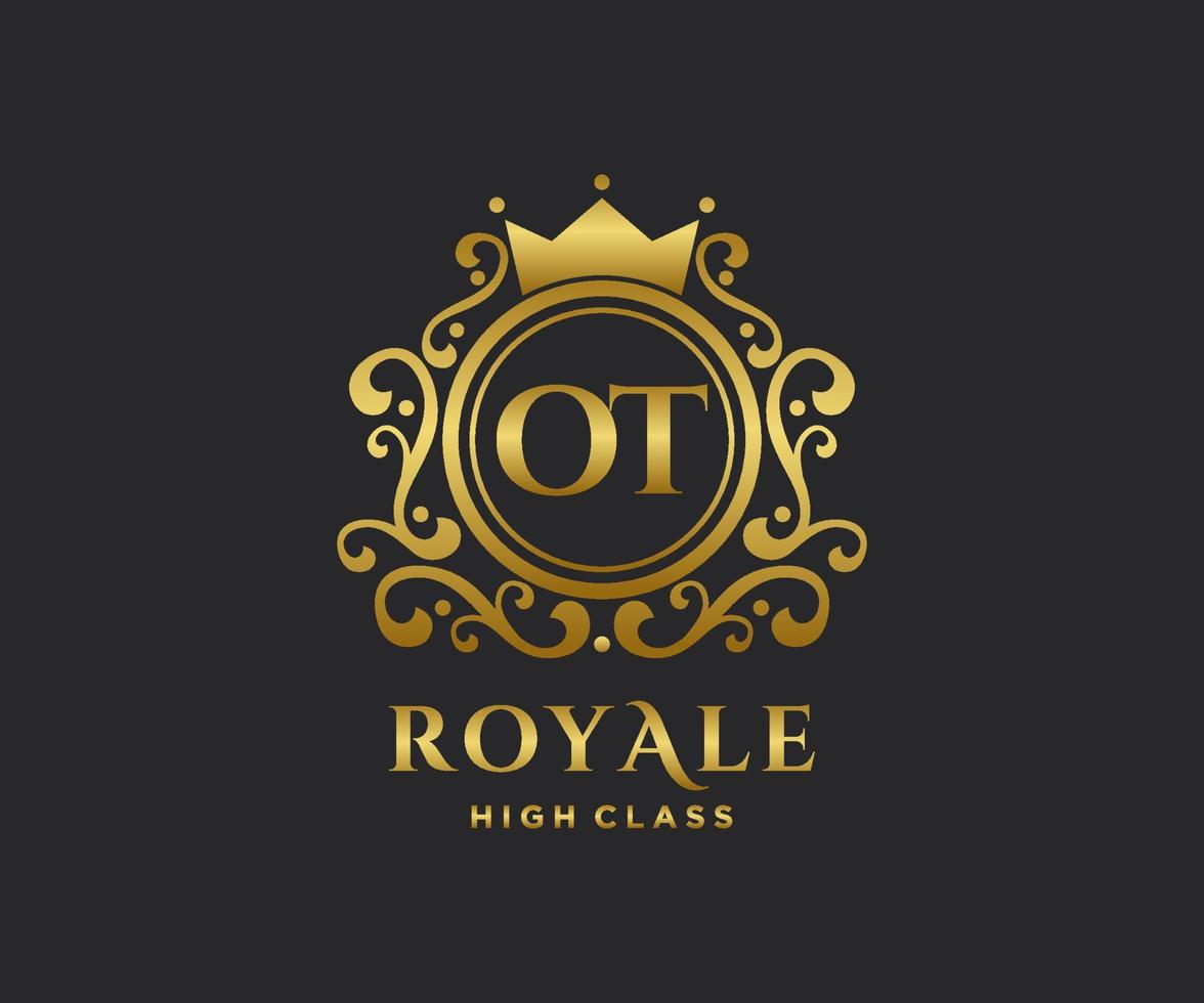 Golden Letter OT template logo Luxury gold letter with crown. Monogram alphabet . Beautiful royal initials letter. vector