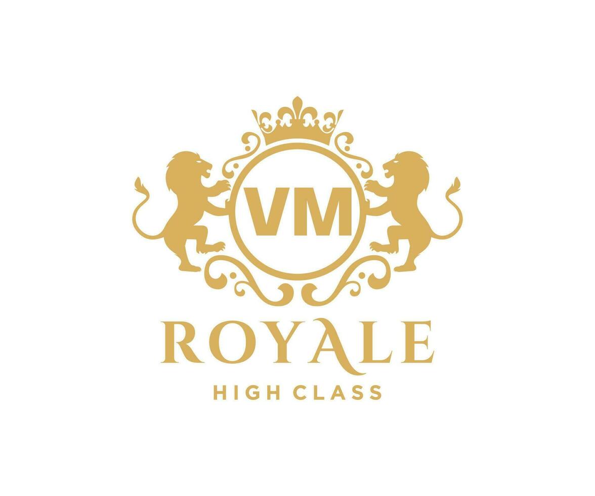 Golden Letter VM template logo Luxury gold letter with crown. Monogram alphabet . Beautiful royal initials letter. vector