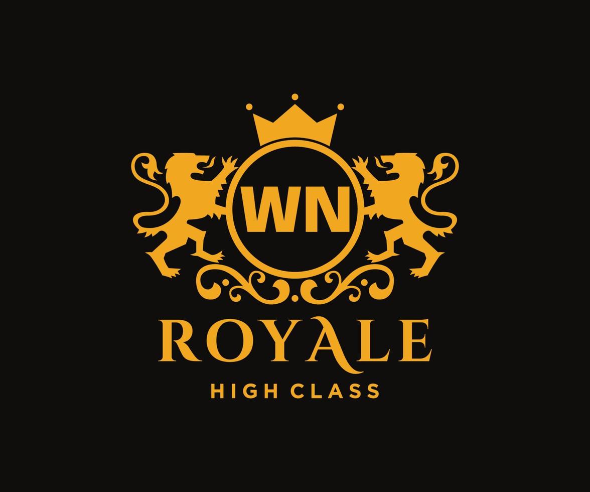 Golden Letter WN template logo Luxury gold letter with crown. Monogram alphabet . Beautiful royal initials letter. vector