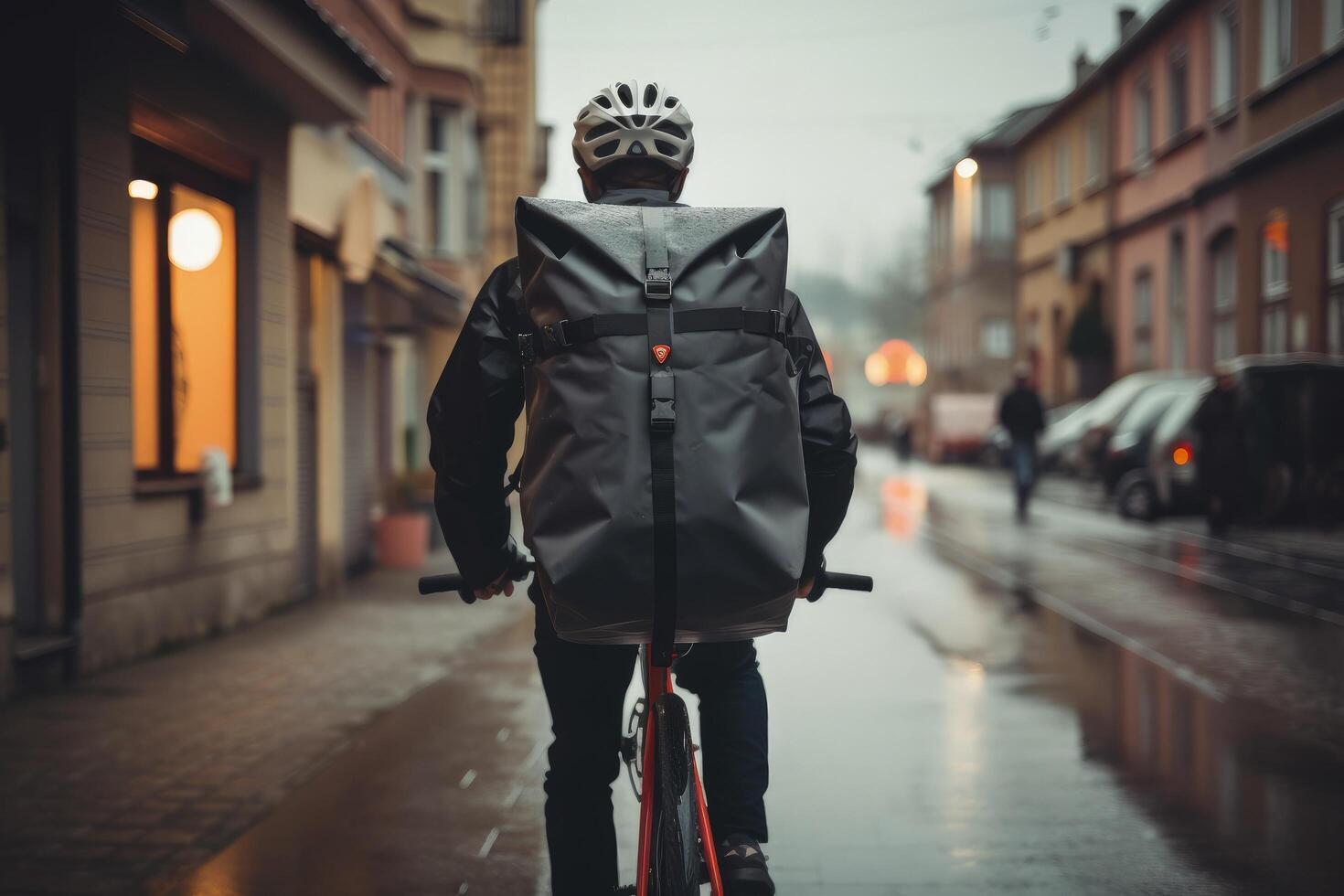 A delivery boy riding a bicycle with a delivery bag in his back. Delivery boy on an urban road and blurry cityscape background. Online shopping and home delivery concept. . photo