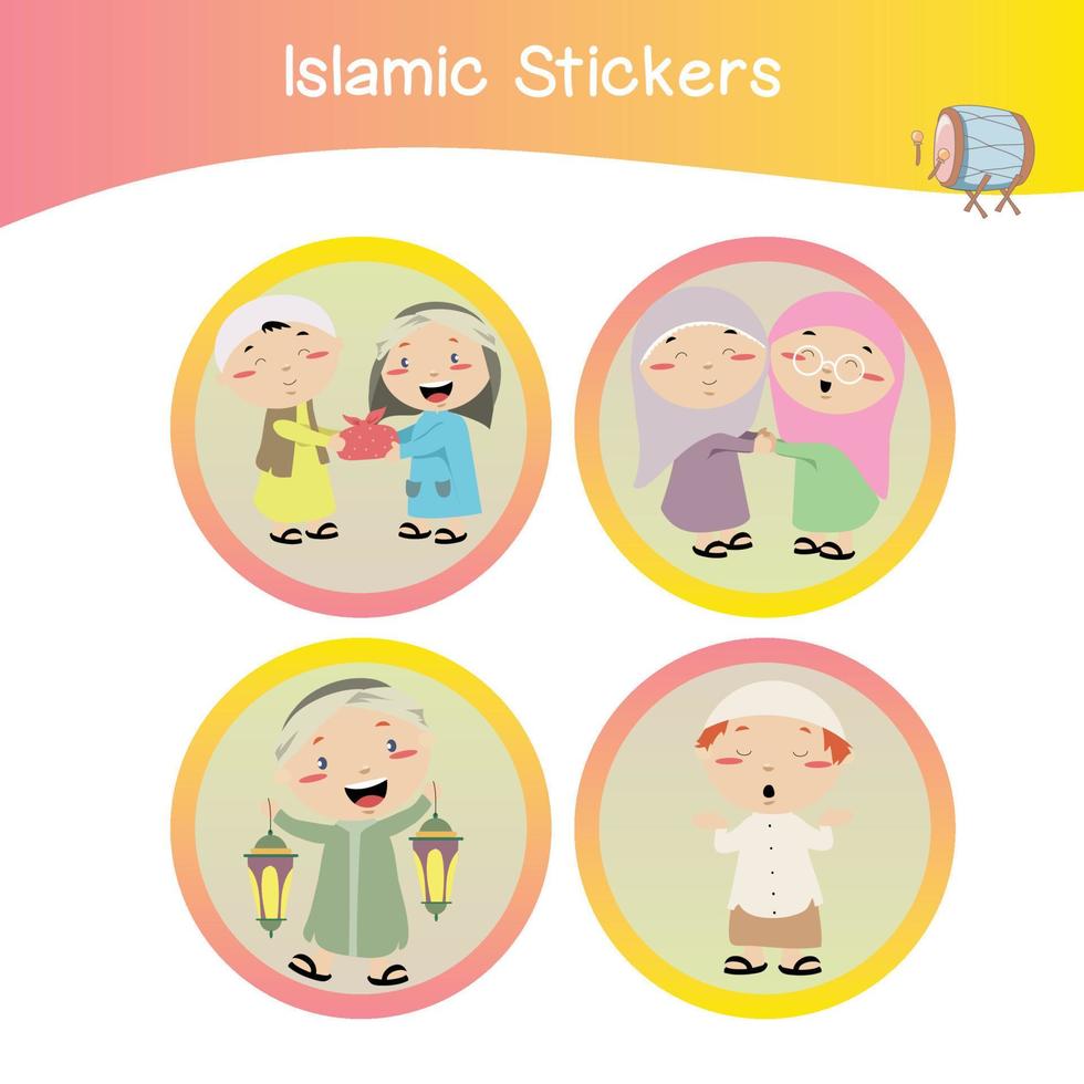 Cute Islamic sticker images. Islamic sticker collections. Colorful printable sticker for preschool. Colorful flashcards. Vector illustration.