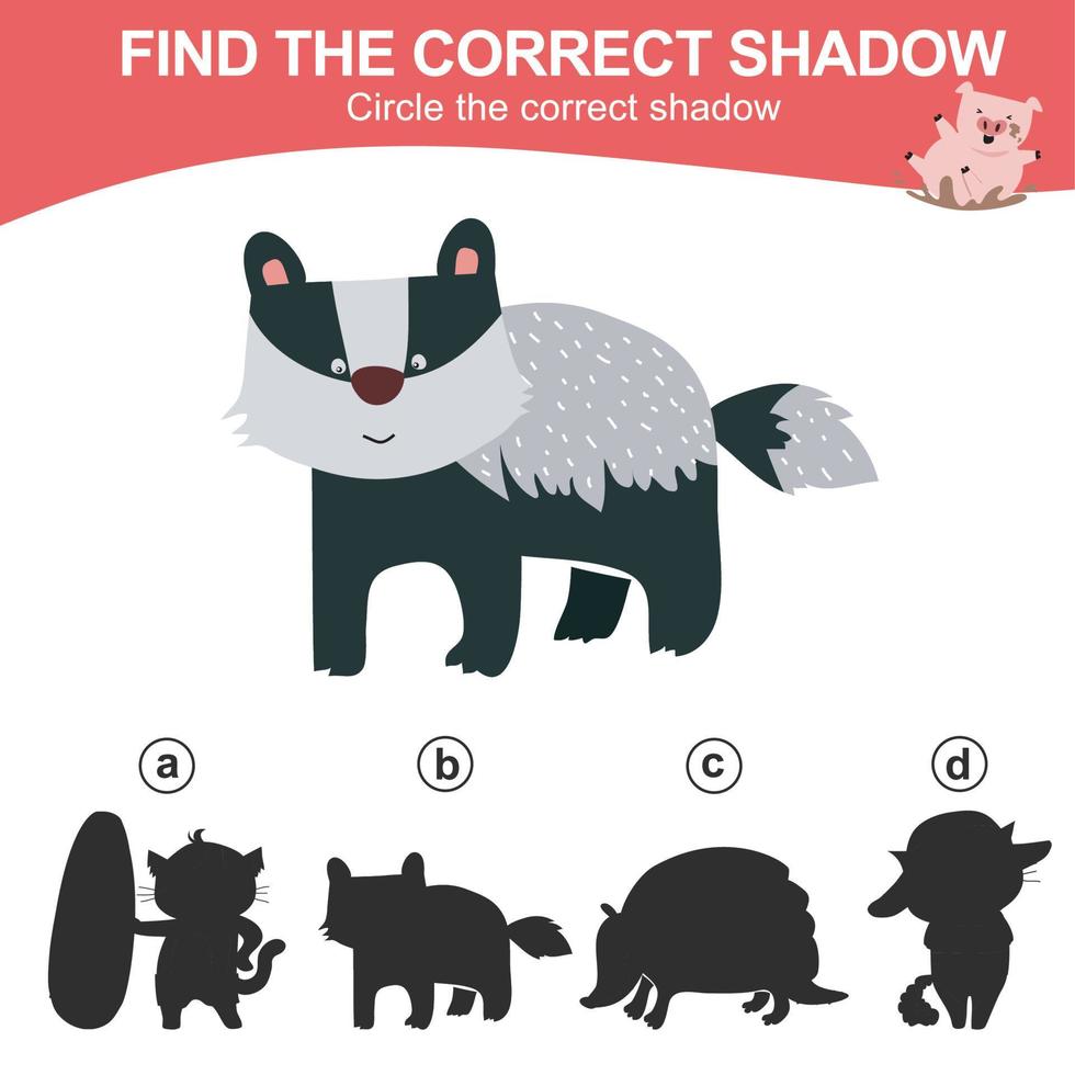 Find the correct shadow. Matching animal shadow game for children. Worksheet for kid. Educational printable worksheet. Vector illustration.