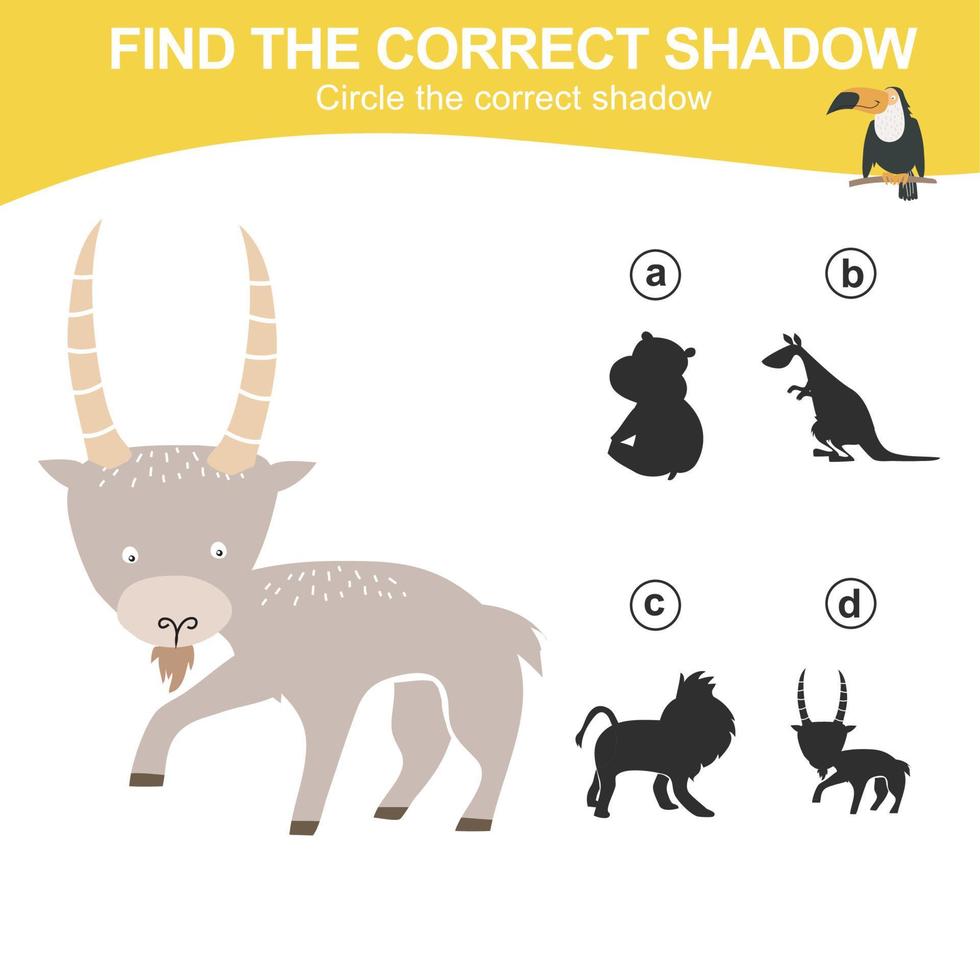 Find the correct shadow. Matching animal shadow game for children. Worksheet for kid. Educational printable worksheet. Vector illustration.