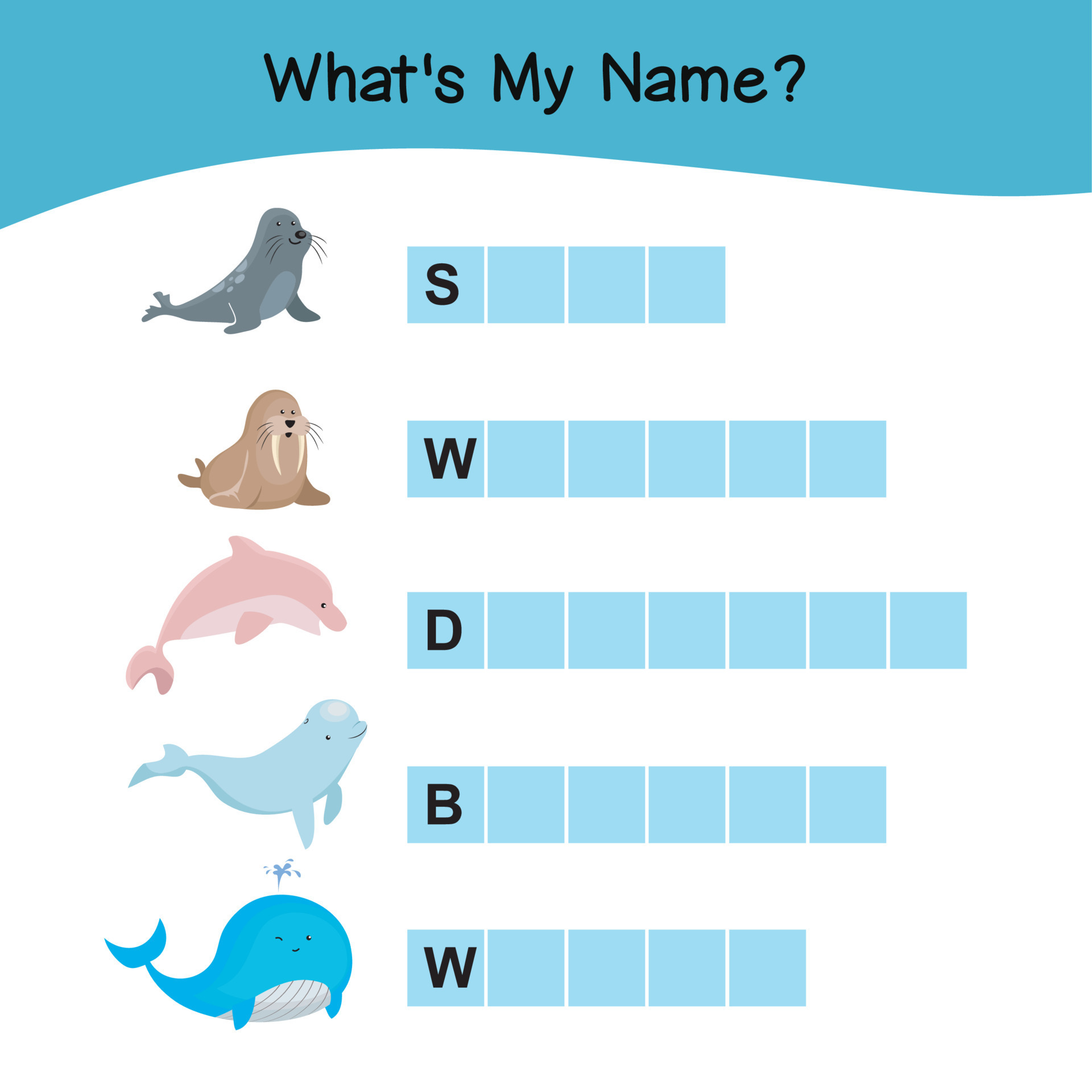 Whats my name worksheet. Cute Animal vector with guessing their name
