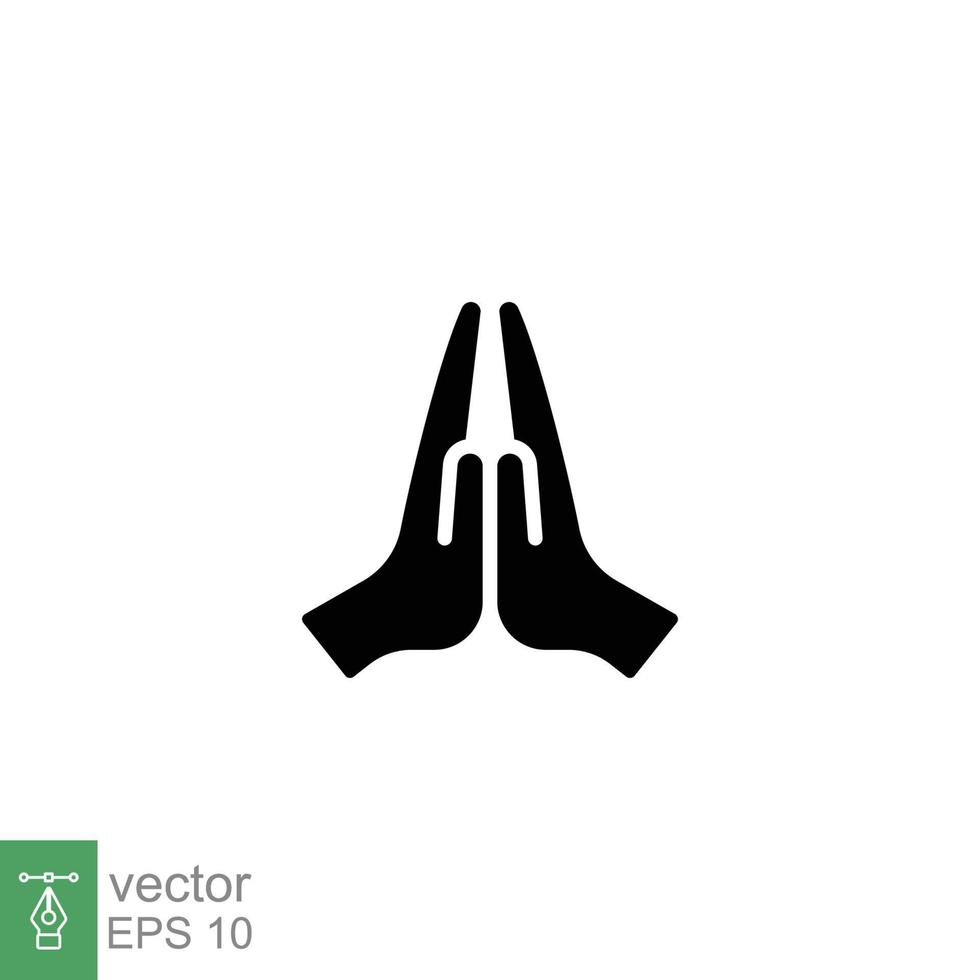 Faith, pray, religion icon, solid style. Depicting two hands pressed together and fingers pointed up, folded hands is variously used as a gesture of prayer, thanks and greeting. Vector glyph EPS 10.