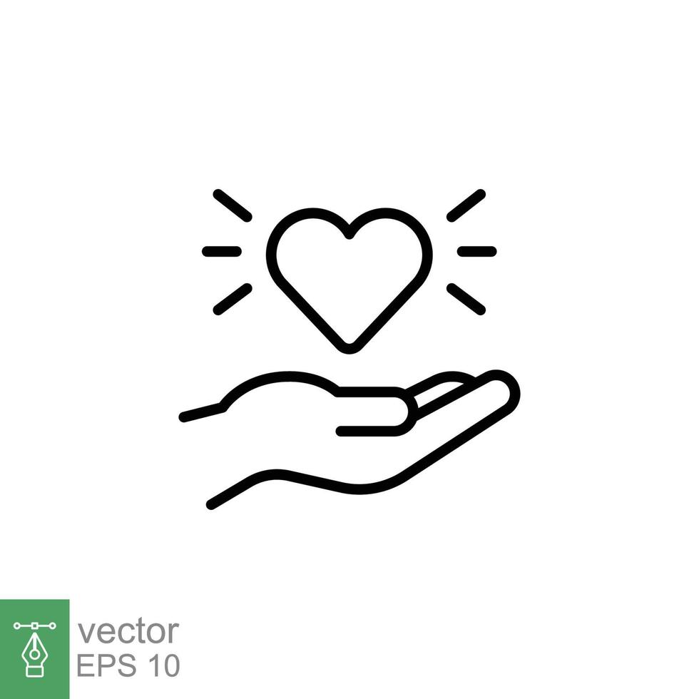 corazón en mano icono, familia y amor firmar, línea estilo. ayuda concepto. personas cuidado mano participación tomando cuidado. donar contorno símbolo. vector ilustración aislado en blanco antecedentes. eps 10