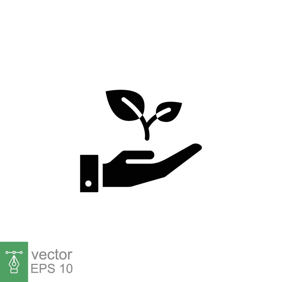 planta en mano plano icono. sencillo sólido estilo. mano participación árbol, hoja, ambiental conservación concepto. negro silueta, glifo símbolo. vector ilustración aislado en blanco antecedentes. eps 10