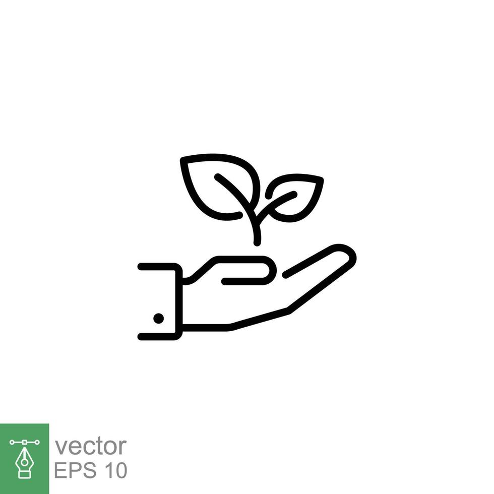 Plant in hand flat icon. Simple outline style. Eco friendly hand holding tree, leaf, environmental conservation concept. Thin line symbol. Vector illustration isolated on white background. EPS 10.