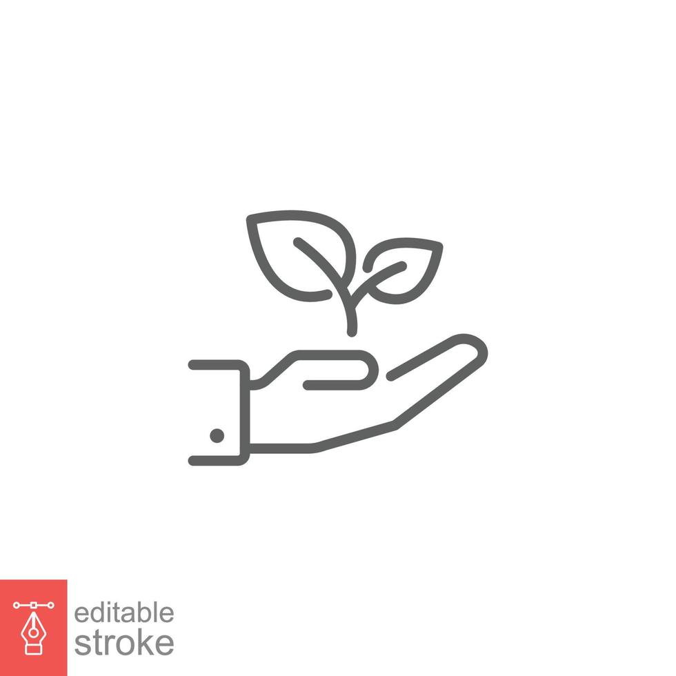 Plant in hand flat icon. Simple outline style. Hand holding tree, leaf, environmental conservation concept. Thin line symbol. Vector illustration isolated on white background. Editable stroke EPS 10.