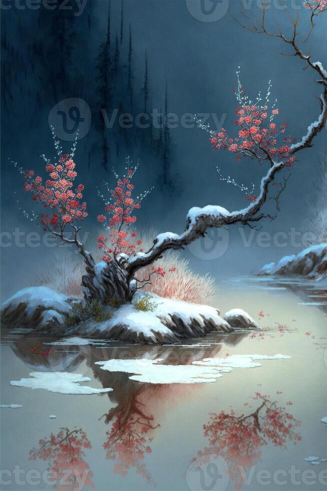 hermosa pintura flor y río. generativo ai. foto