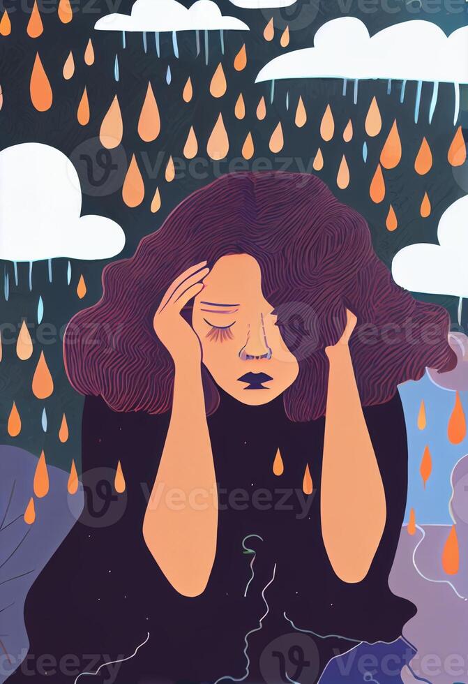 illustration of depressed sad girl minimalistic. . photo