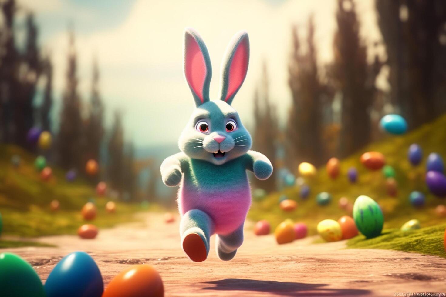 Easter bunny and colored eggs on a green meadow photo
