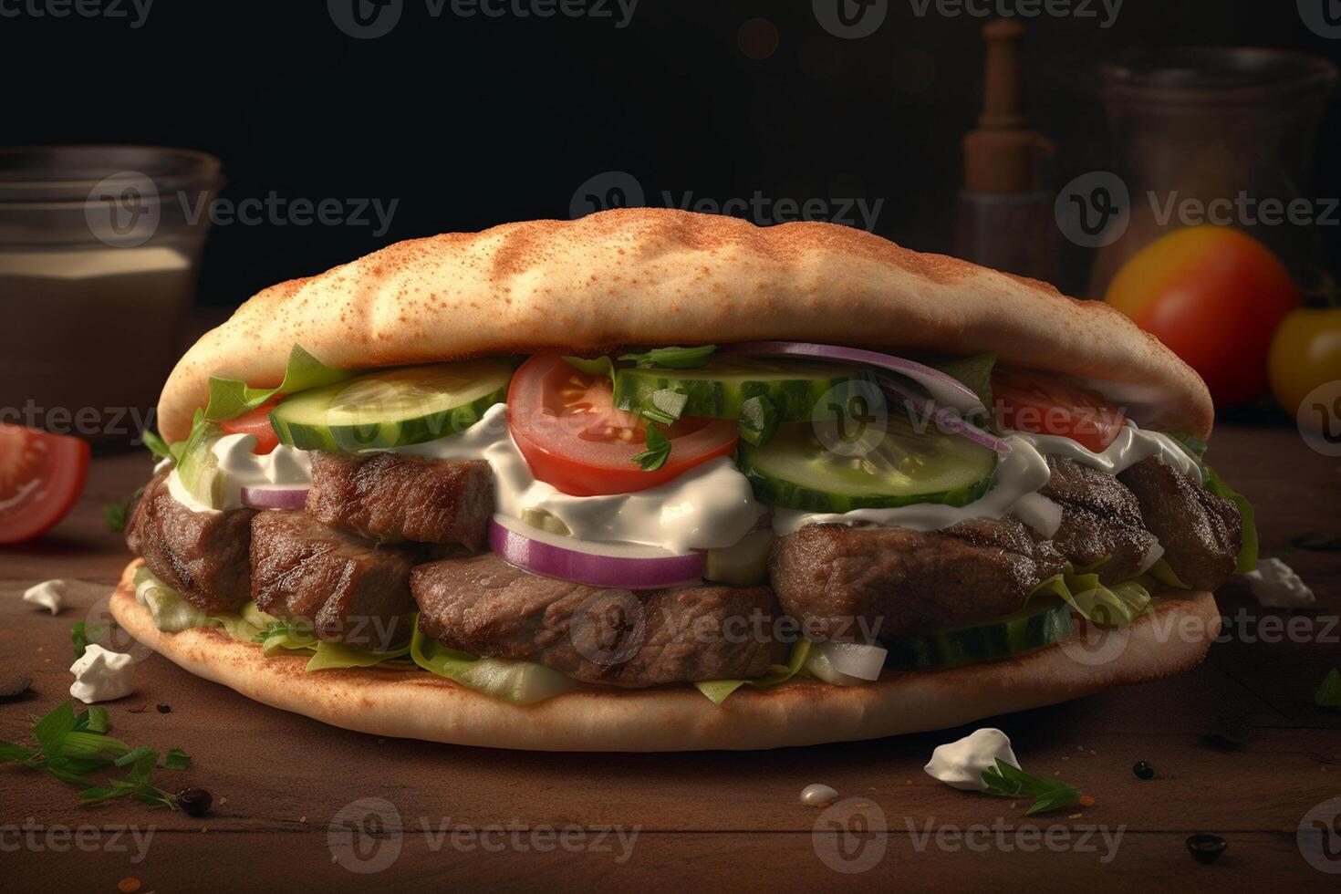 Tasty kebab with vegetables on wooden table, closeup photo
