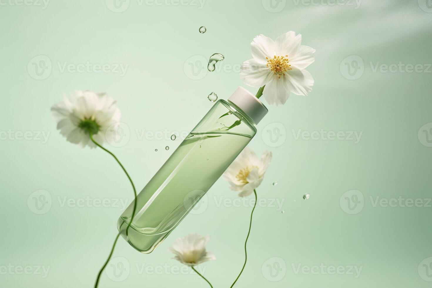 Cosmetic bottle with dropper and flowers on light green background, closeup photo