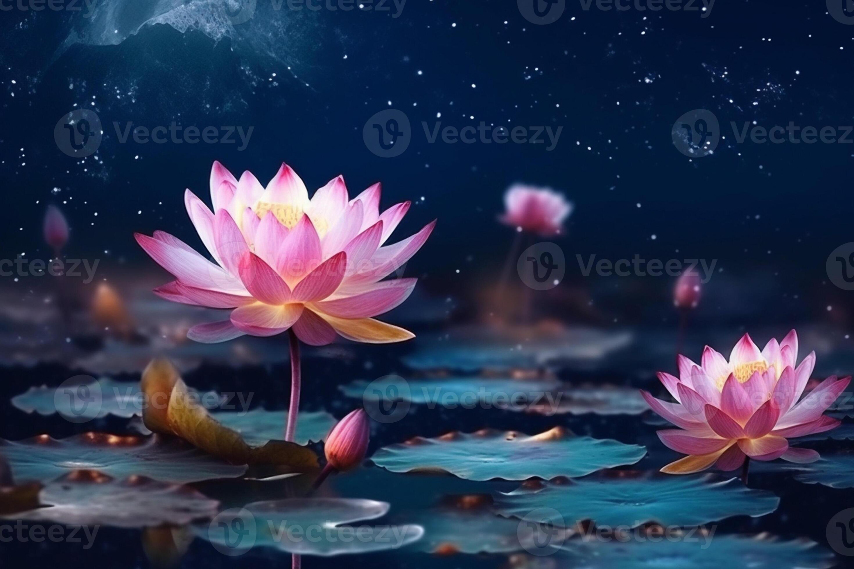 Beautiful pink lotus flower blooming in the pond at night 22761072