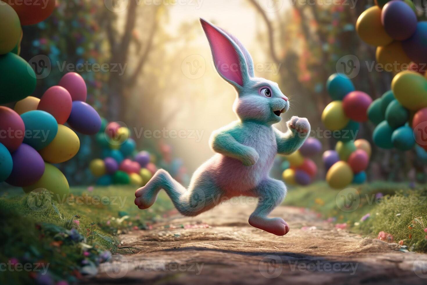Easter bunny running in the park with colorful eggs 22761085 Stock