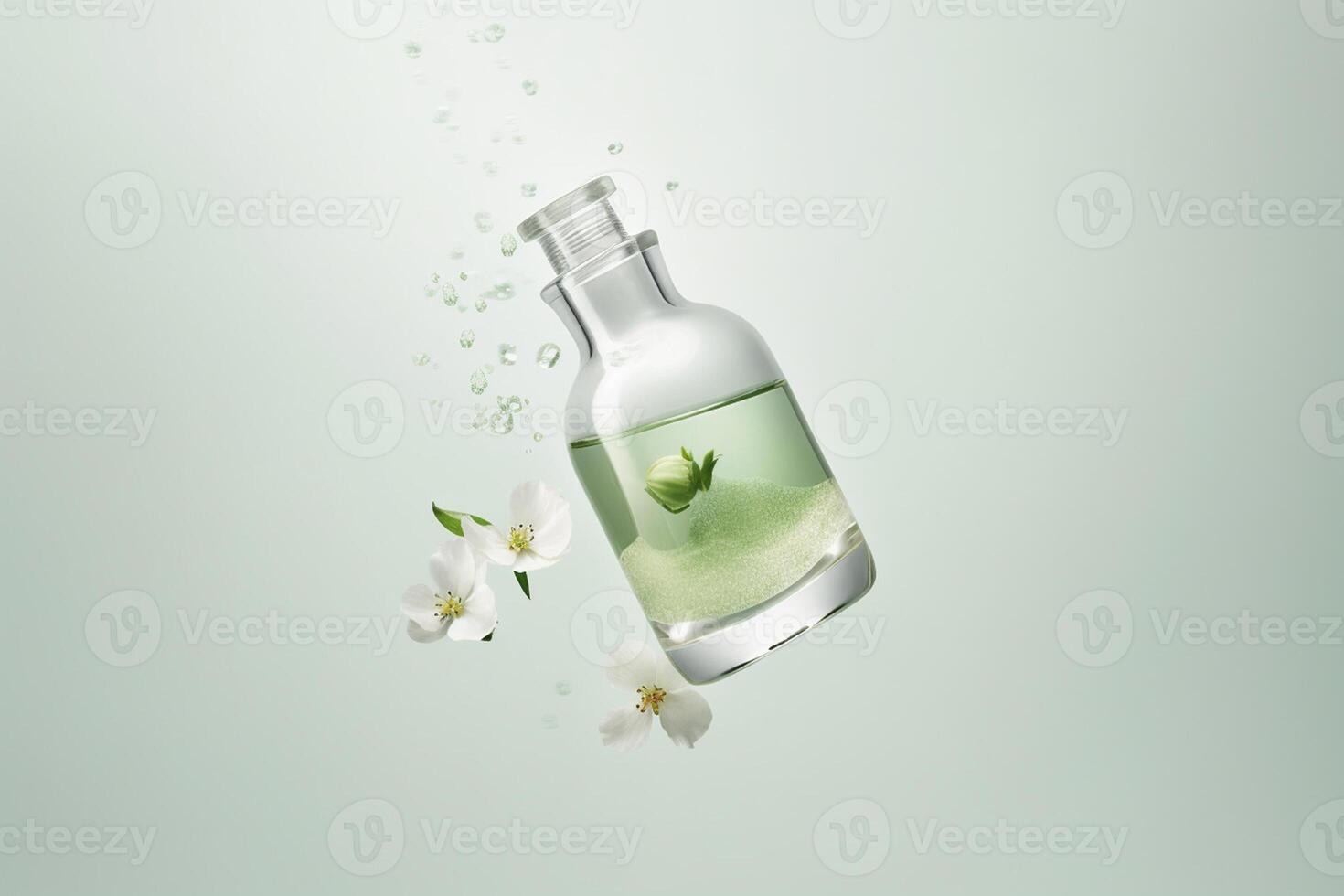 Glass bottle of jasmine oil with green leaves and flowers photo