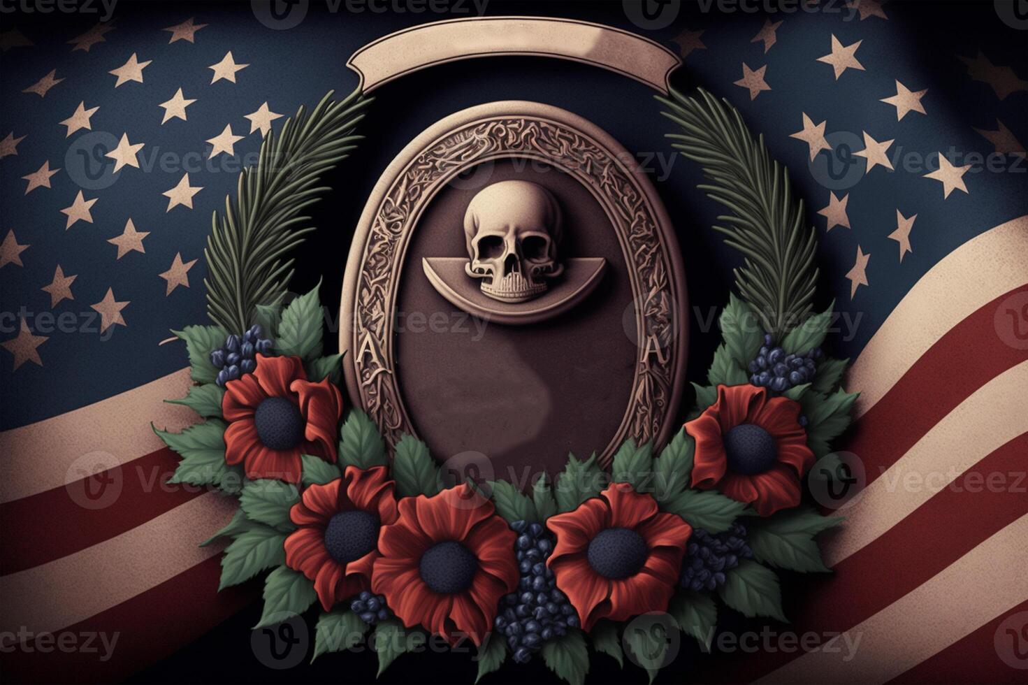 Skull on the background of the American flag and a wreath of flowers. photo