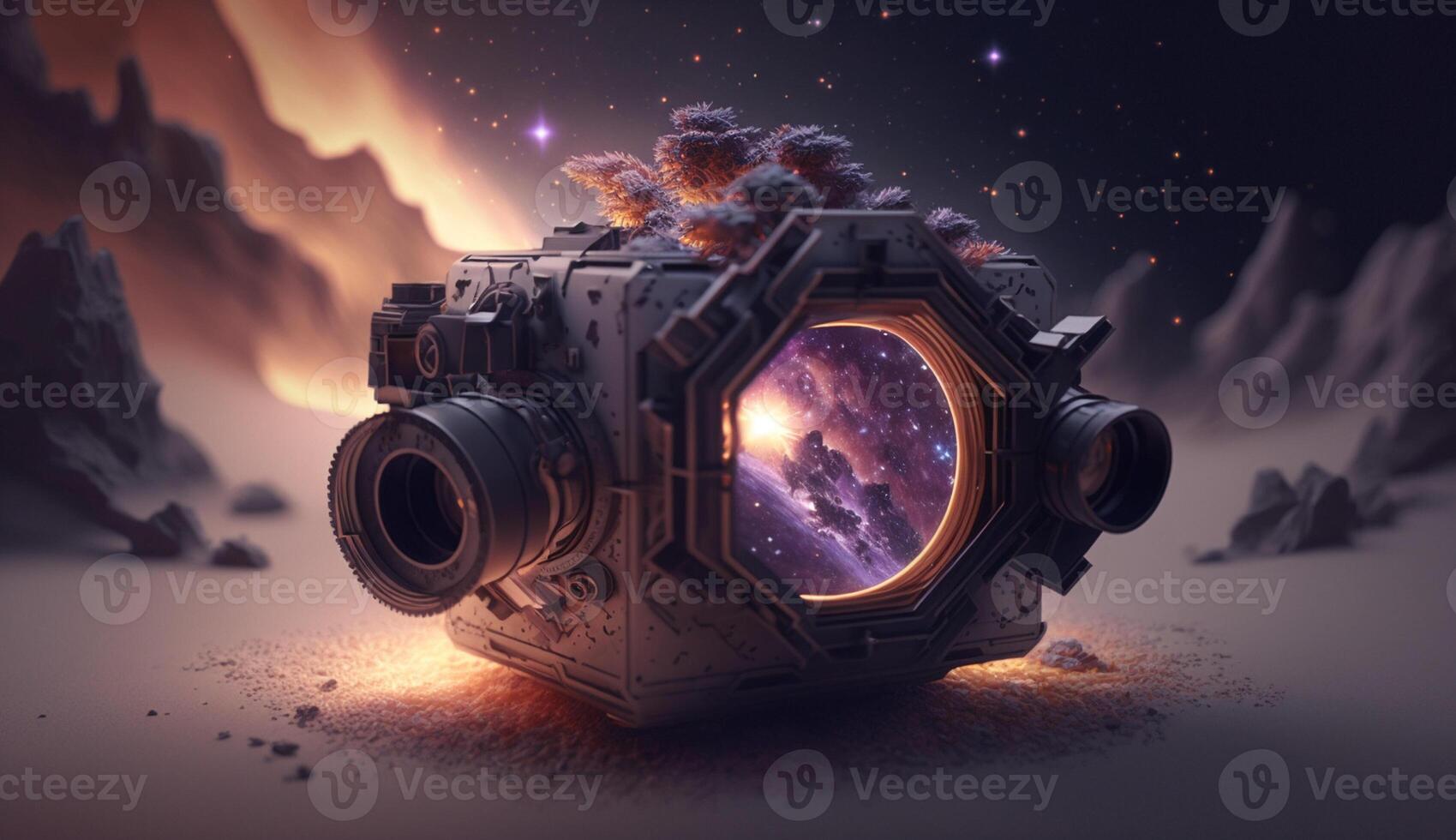 A digital art of a camera with a hole in the center that is outer space photo