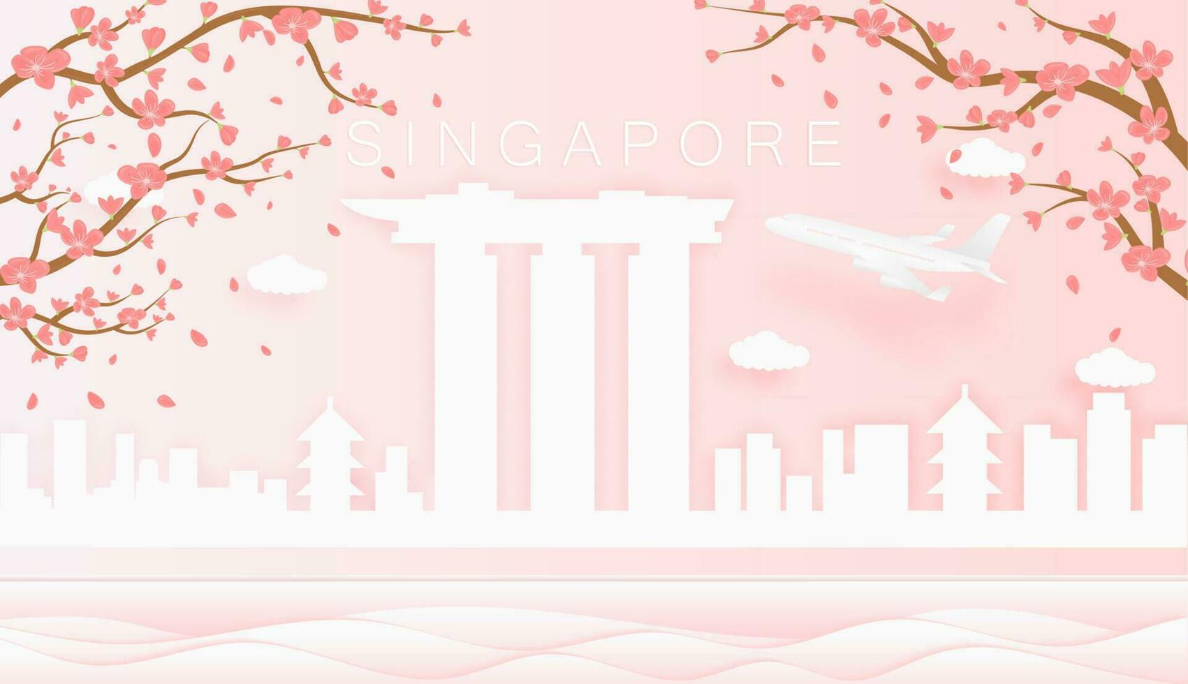 Panorama travel postcard, poster, tour advertising of world famous landmarks of Singapore, spring season with blooming flowers in tree vector icon