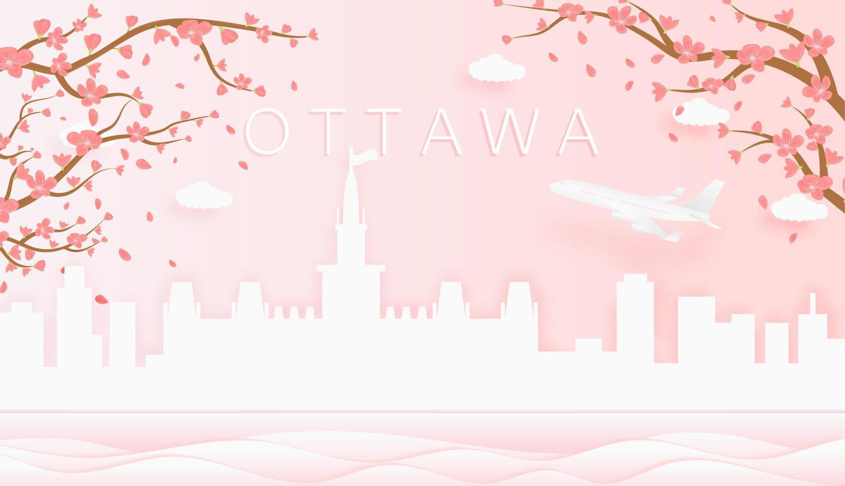Panorama travel postcard, poster, tour advertising of world famous landmarks of Ottawa, spring season with blooming flowers in tree vector