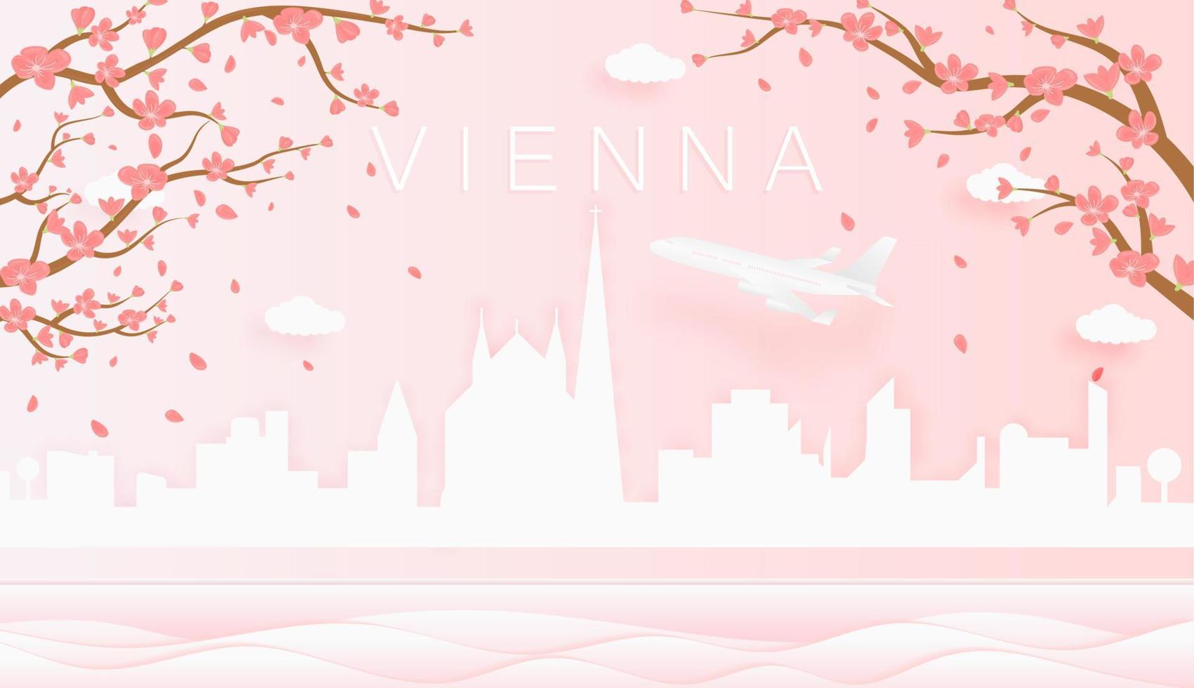 Panorama travel postcard, poster, tour advertising of world famous landmarks of Vienna, spring season with blooming flowers in tree in paper cut style vector
