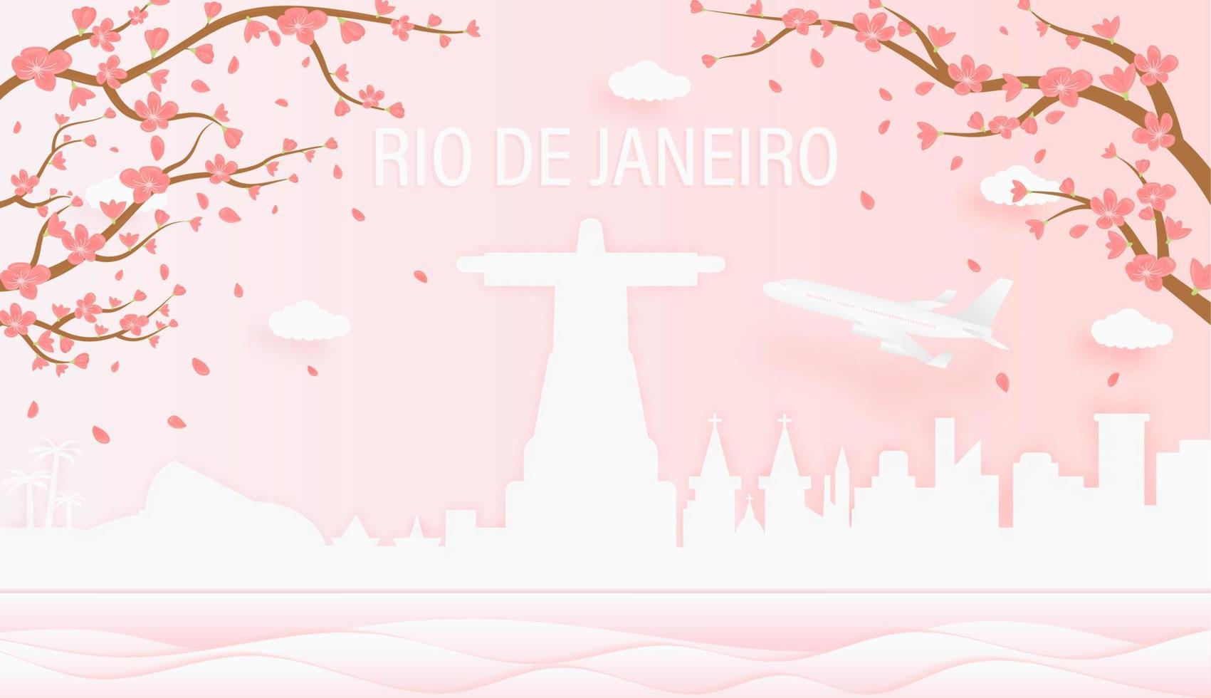 Panorama travel postcard, poster, tour advertising of world famous landmarks of Rio de Janeiro, spring season with blooming flowers in tree in paper cut style vector