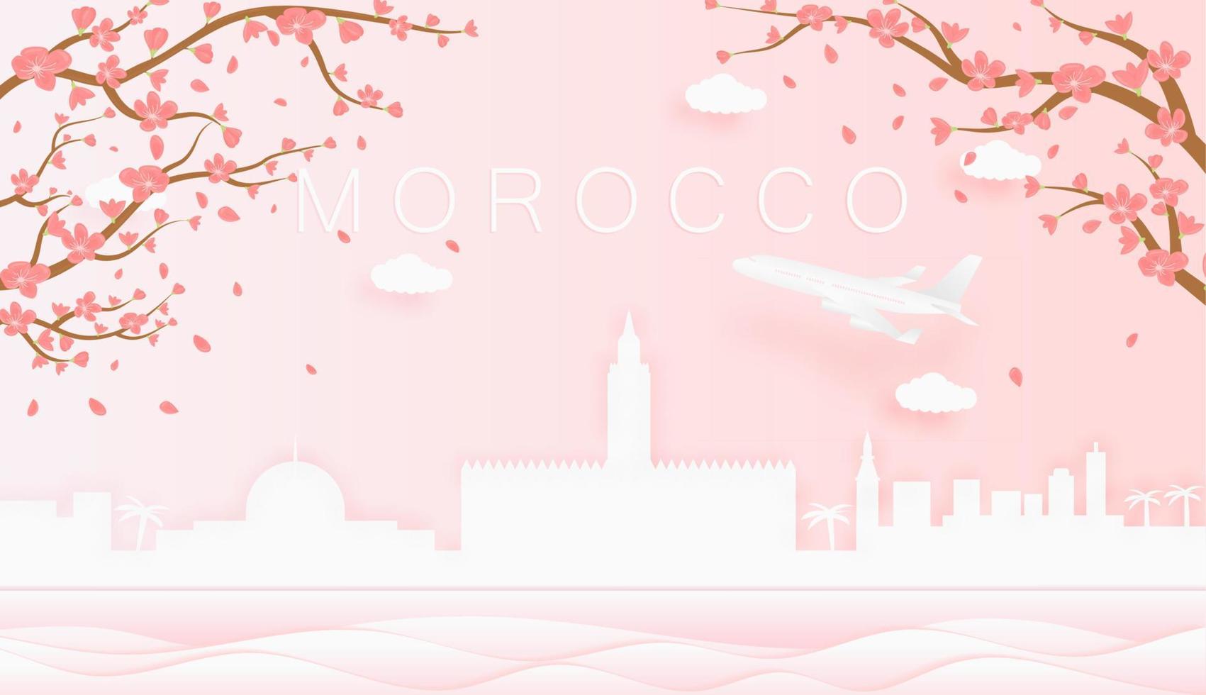 panorama viaje tarjeta postal, póster, excursión publicidad de mundo famoso puntos de referencia de Marruecos, primavera temporada con floreciente flores en árbol vector icono