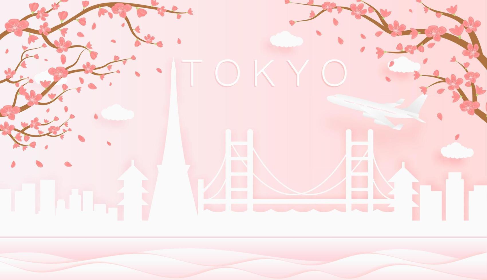 Panorama travel postcard, poster, tour advertising of world famous landmarks of Tokyo, spring season with blooming flowers in tree vector icon
