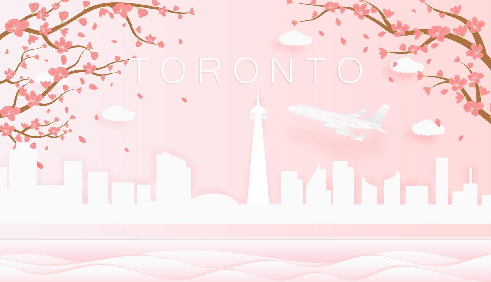 Panorama travel postcard, poster, tour advertising of world famous landmarks of Toronto, spring season with blooming flowers in tree vector icon