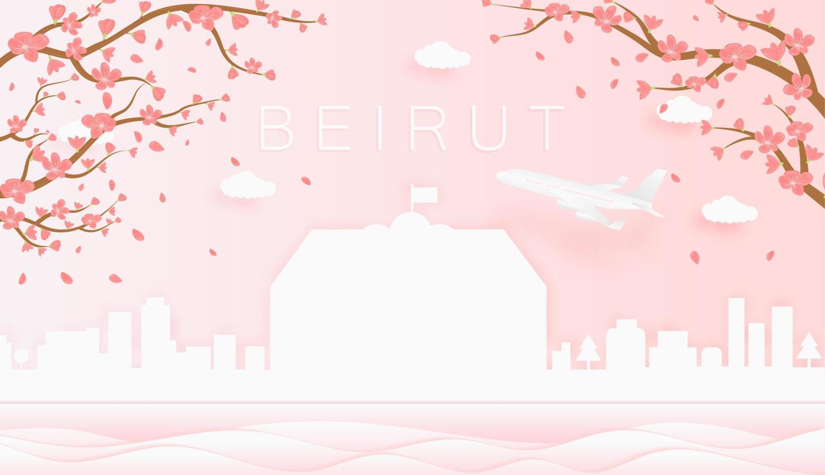 panorama viaje tarjeta postal, póster, excursión publicidad de mundo famoso puntos de referencia de beirut, primavera temporada con floreciente flores en árbol vector