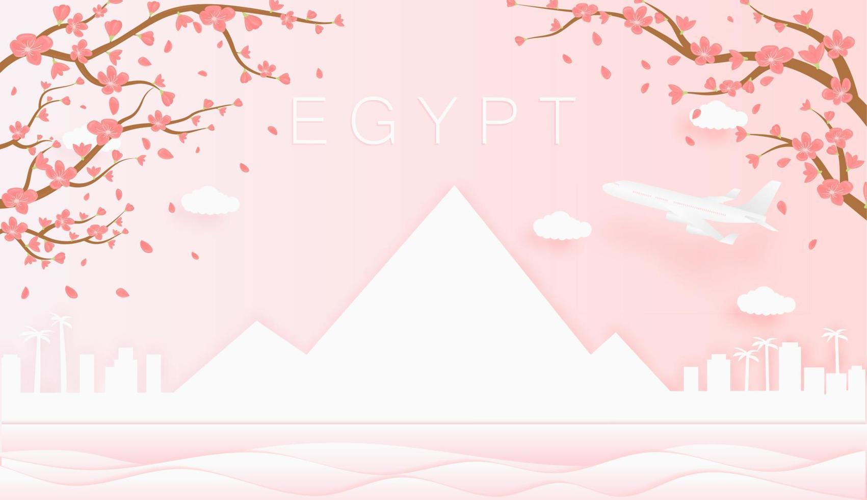 Panorama travel postcard, poster, tour advertising of world famous landmarks of Egypt, spring season with blooming flowers in tree vector icon