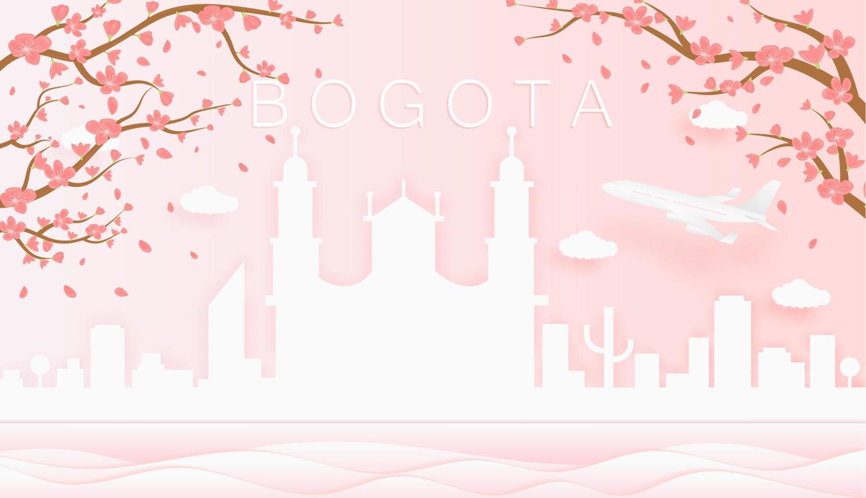 Panorama travel postcard, poster, tour advertising of world famous landmarks of Bogota, spring season with blooming flowers in tree vector