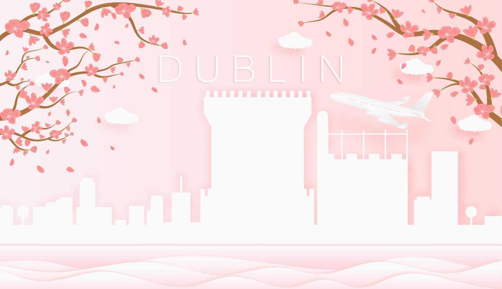 Panorama travel postcard, poster, tour advertising of world famous landmarks of Dublin, spring season with blooming flowers in tree vector