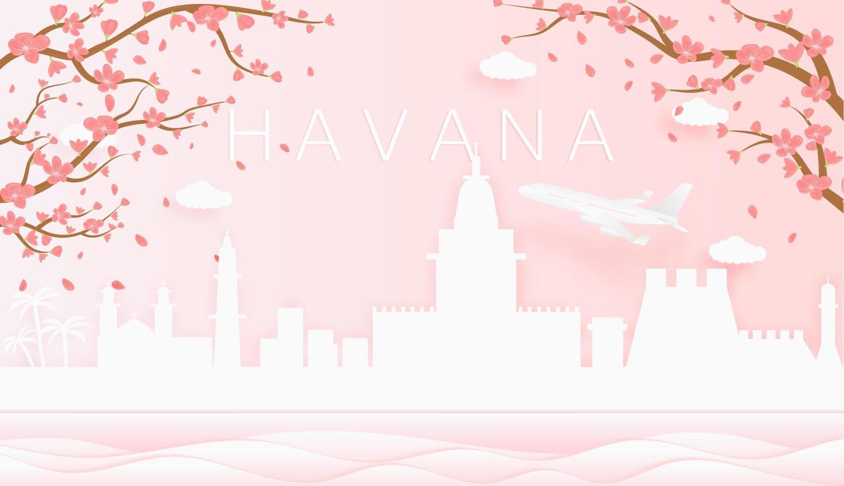 Panorama travel postcard, poster, tour advertising of world famous landmarks of Havana, spring season with blooming flowers in tree vector