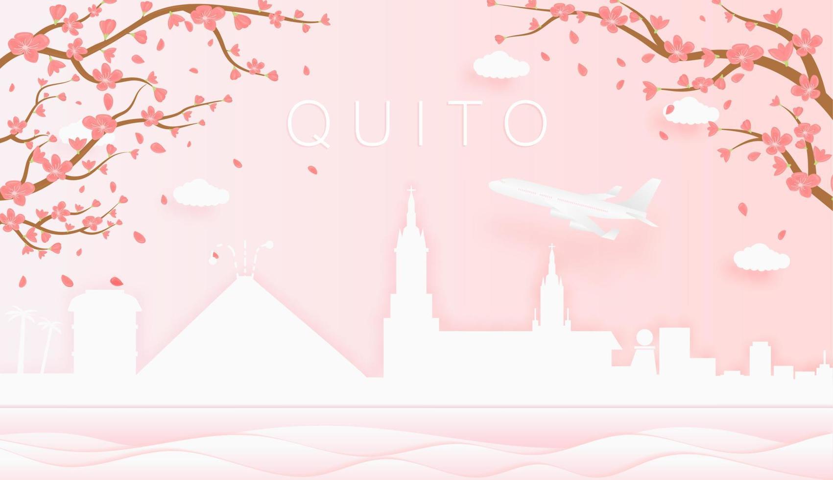 panorama viaje tarjeta postal, póster, excursión publicidad de mundo famoso puntos de referencia de quito, primavera temporada con floreciente flores en árbol vector icono