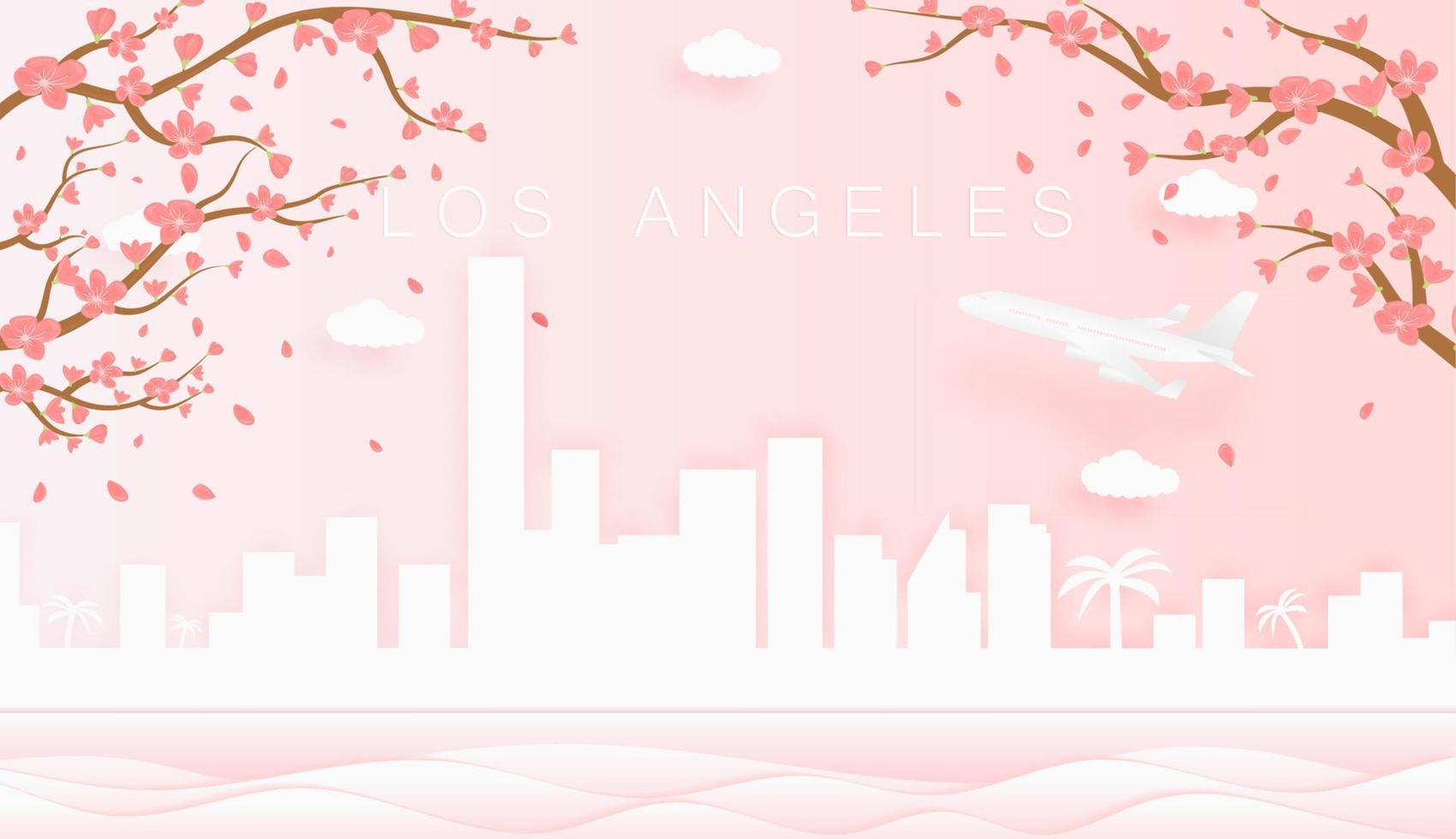 Panorama travel postcard, poster, tour advertising of world famous landmarks of Los Angeles, spring season with blooming flowers in tree vector icon