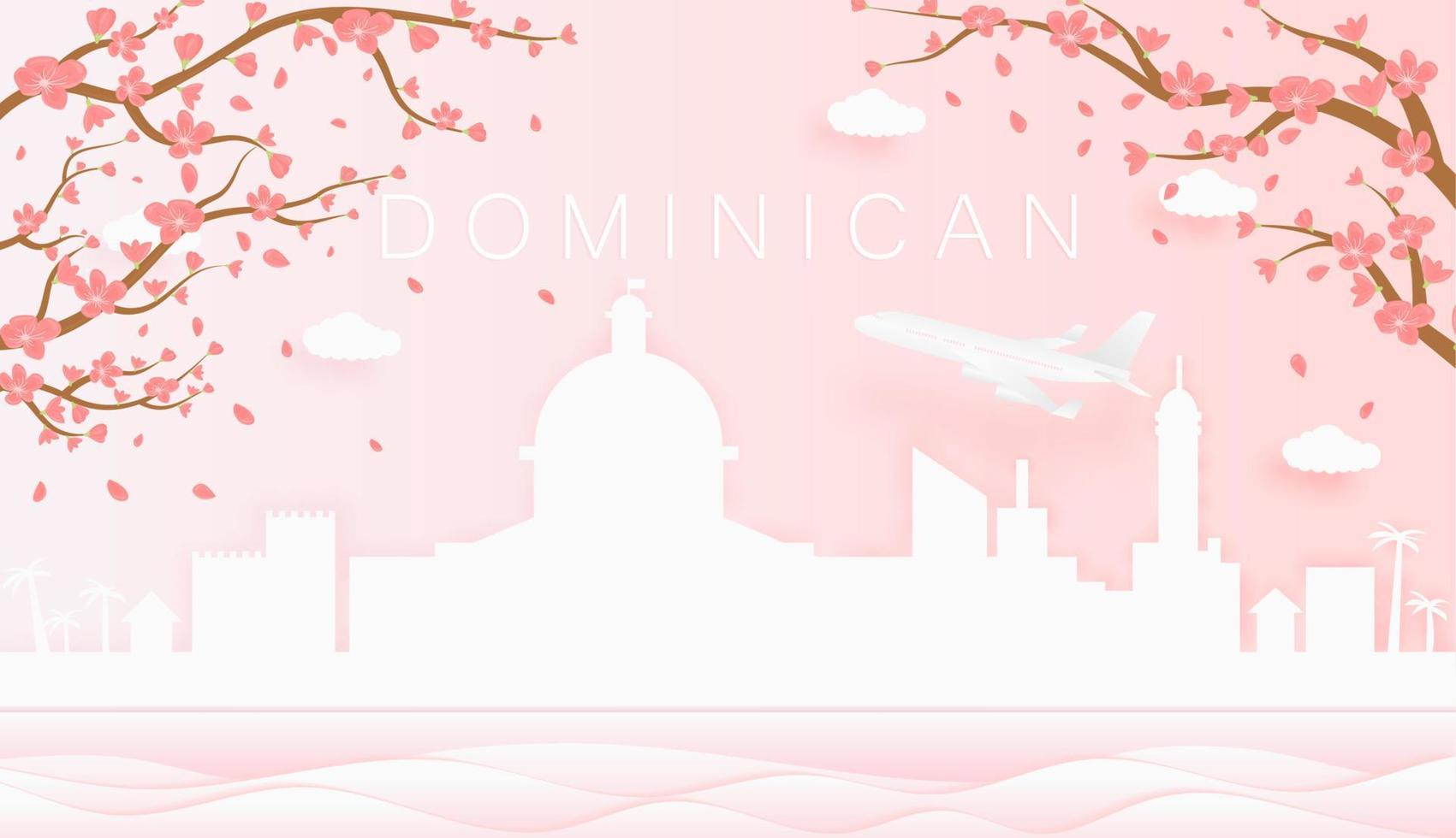 Panorama travel postcard, poster, tour advertising of world famous landmarks of Dominican, spring season with blooming flowers in tree vector icon