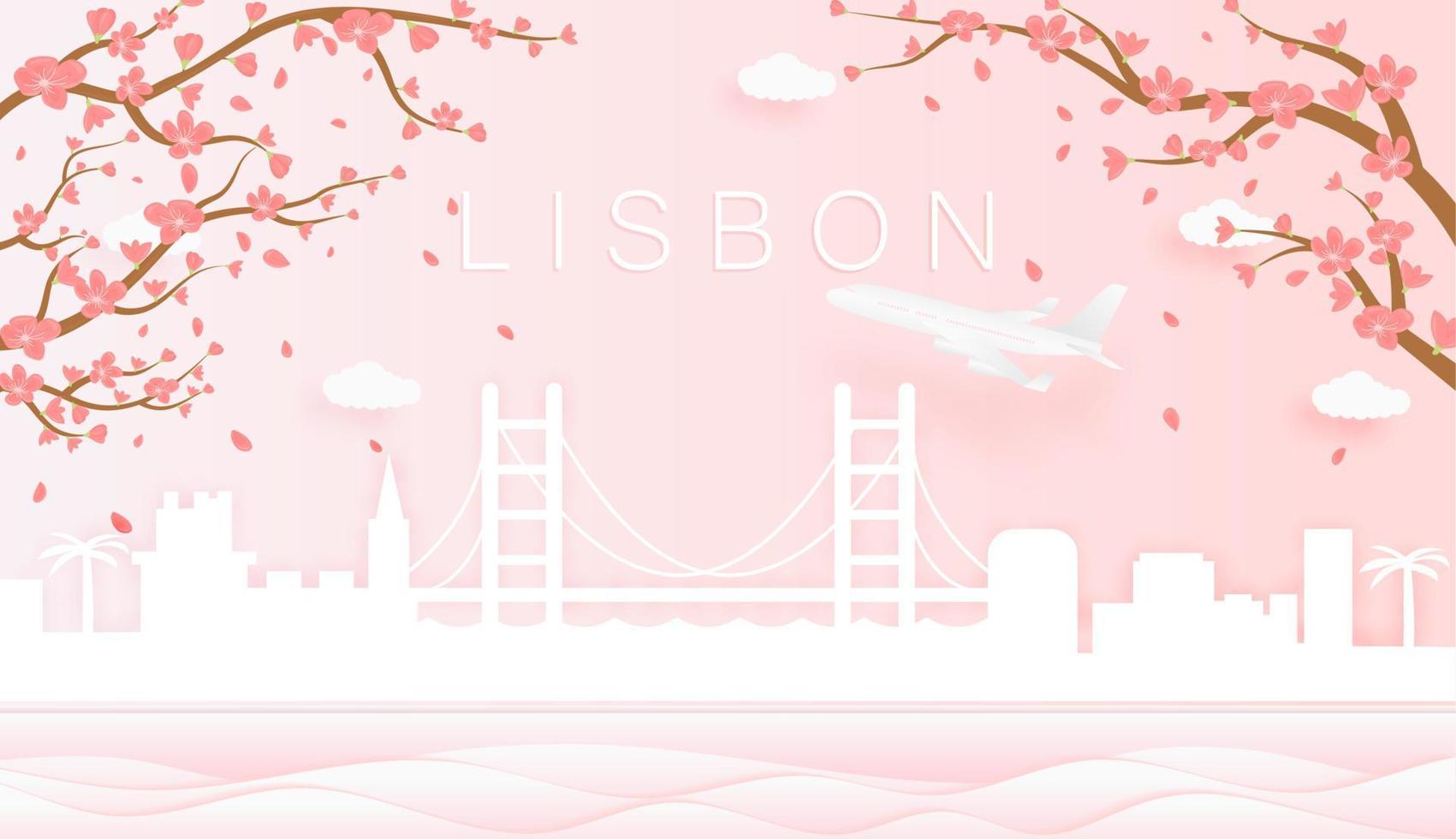 Panorama travel postcard, poster, tour advertising of world famous landmarks of Lisbon, spring season with blooming flowers in tree in paper cut style vector