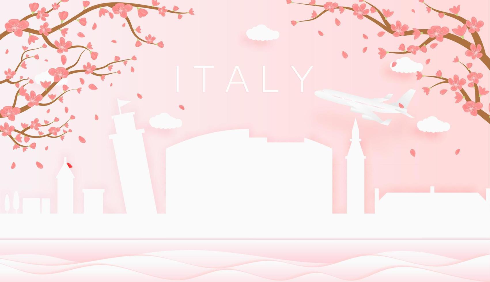 Panorama travel postcard, poster, tour advertising of world famous landmarks of Italy, spring season with blooming flowers in tree vector icon