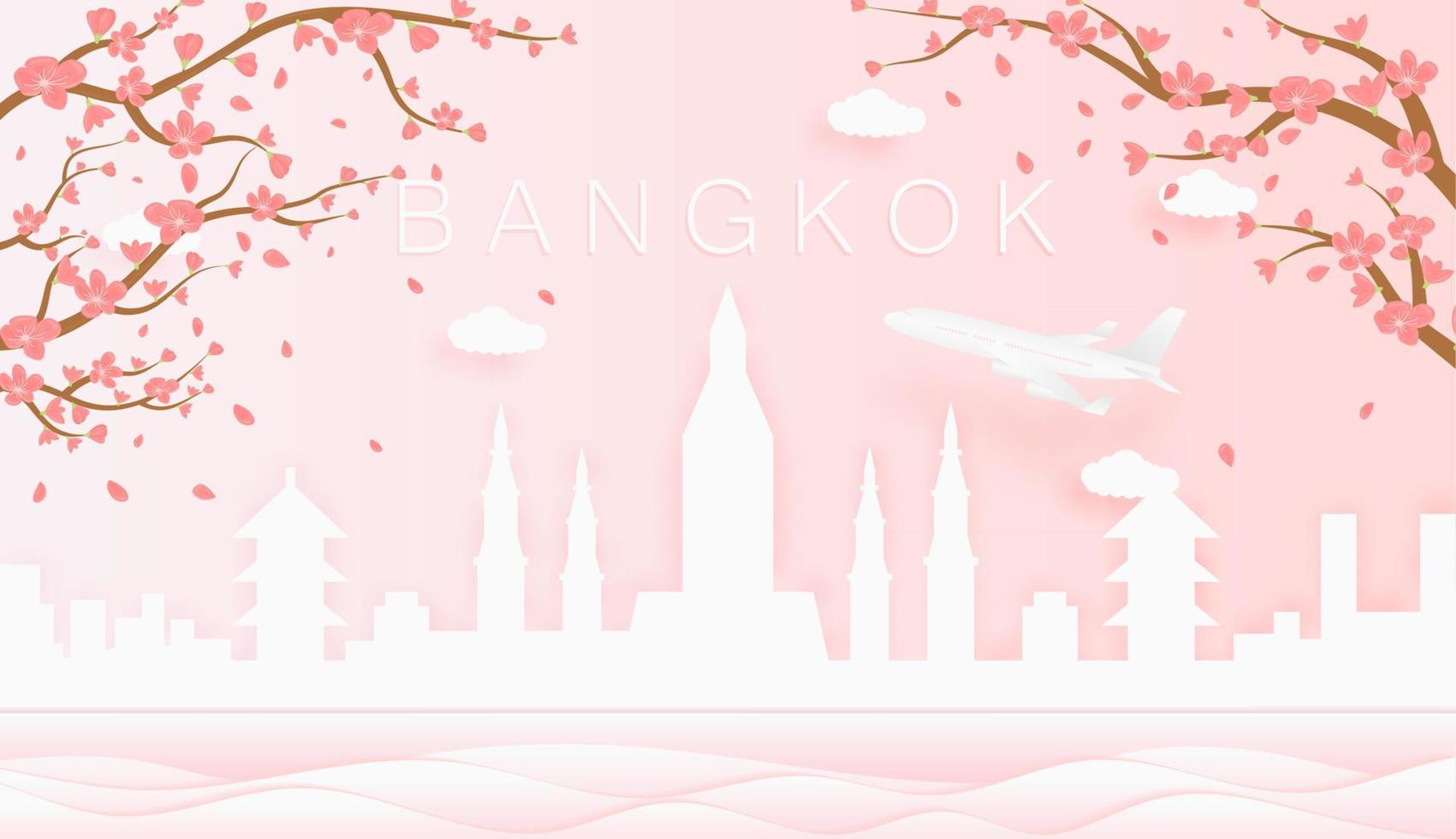 Panorama travel postcard, poster, tour advertising of world famous landmarks of Bangkok, spring season with blooming flowers in tree vector icon