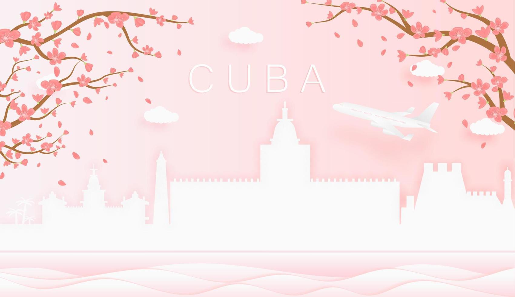 Panorama travel postcard, poster, tour advertising of world famous landmarks of Cuba, spring season with blooming flowers in tree vector