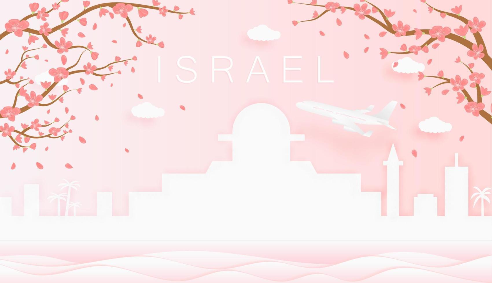 Panorama travel postcard, poster, tour advertising of world famous landmarks of Israel, spring season with blooming flowers in tree vector