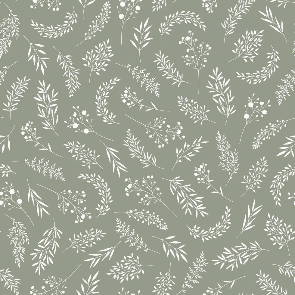 Vector seamless pattern with leaves, herbs, wildflowers.
