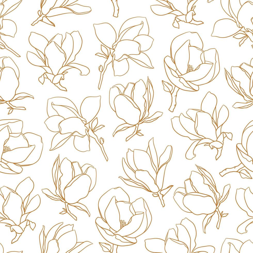 Seamless pattern with gold blooming magnolia flowers. vector